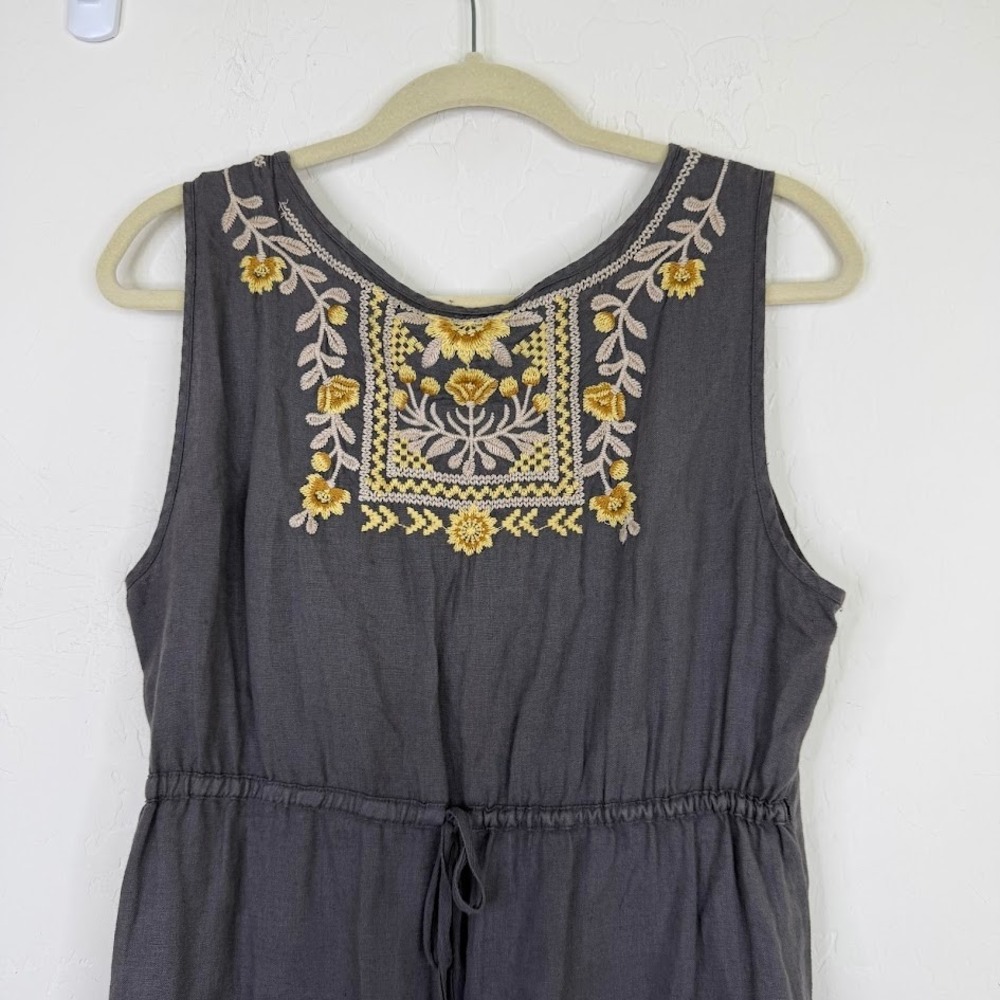 Johnny Was Embroidered Floral Linen Tank Dress Gray Boho Cottagecore Size Medium - Picture 7 of 12